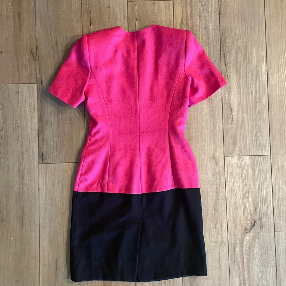 Kasper for ASL Petite Vintage Pink and Black 1980s Color Block Dress - Picture 3 of 3